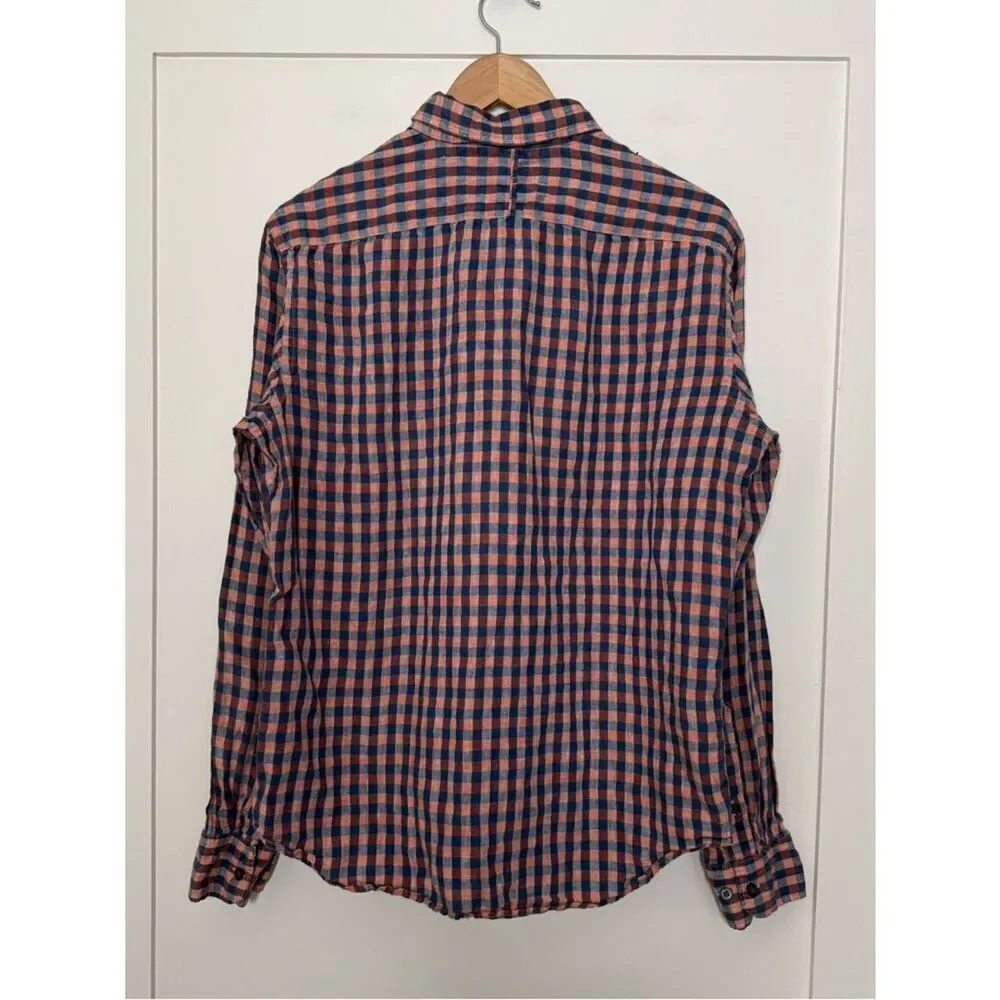 Banana Republic Camden Fit Shirt Men Sz M Blue Pink Check 100% Linen Long Sleeve
